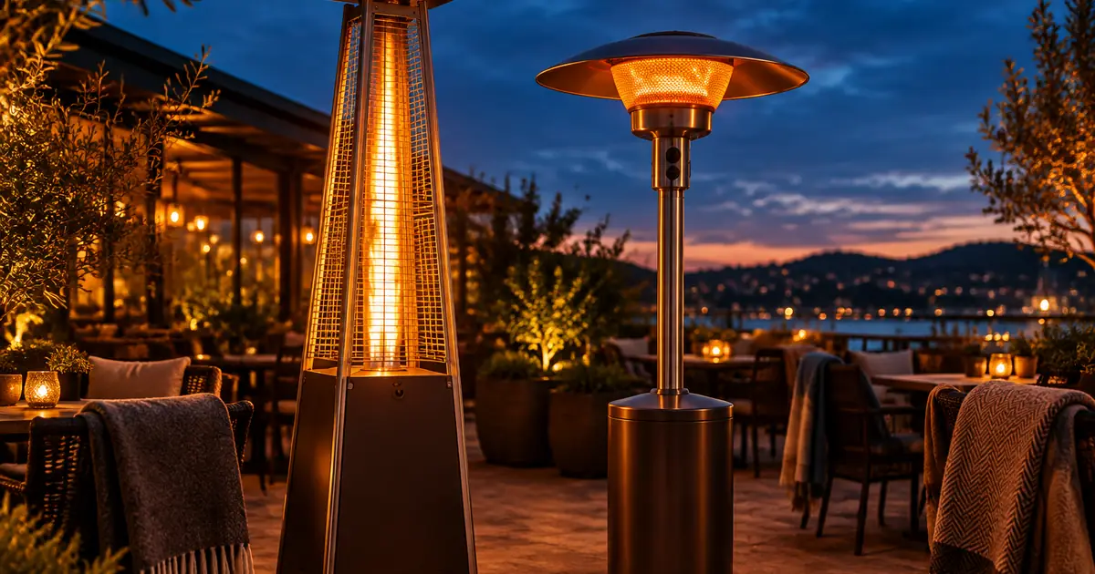 A pyramid flame patio heater and dome heater glowing side by side on a restaurant patio at dusk