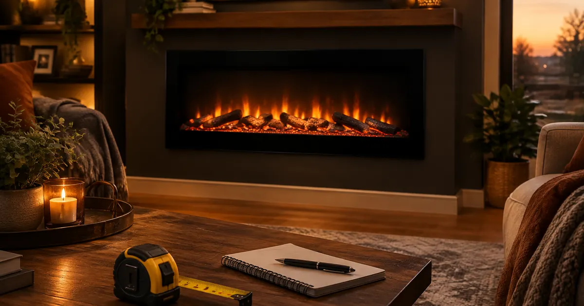 A modern living room with a wall-mounted electric fireplace and a tape measure on the coffee table