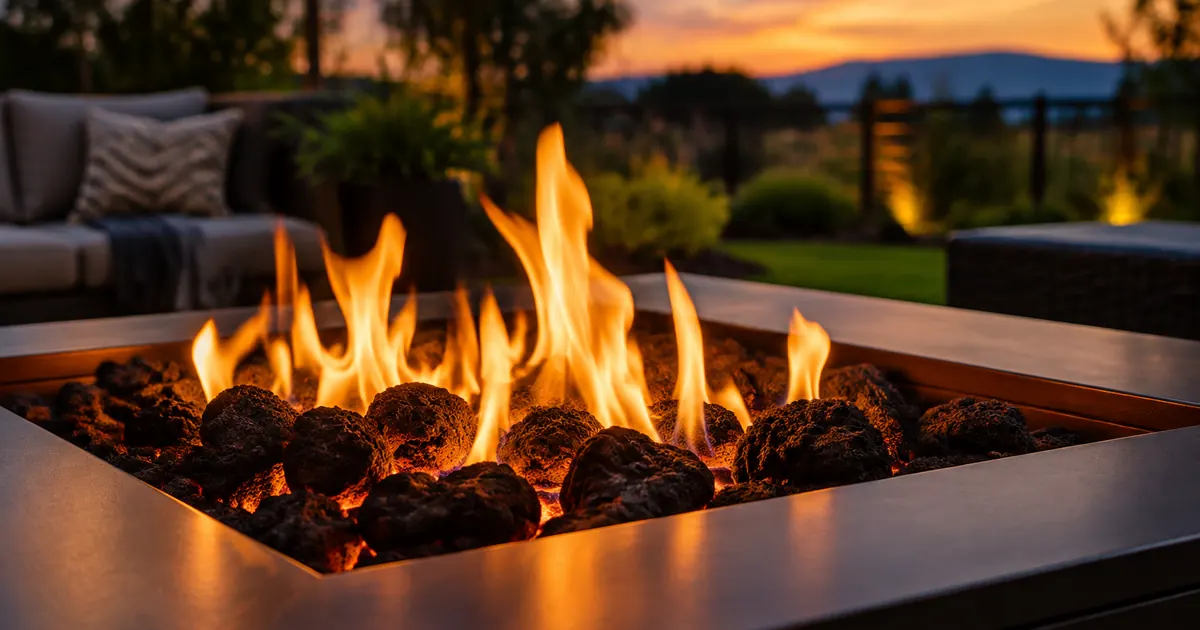 Clean flames burning over dark lava rocks in a steel fire pit table at dusk