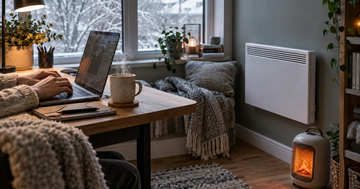 A cozy winter home office with a wall panel heater and a compact ceramic space heater glowing