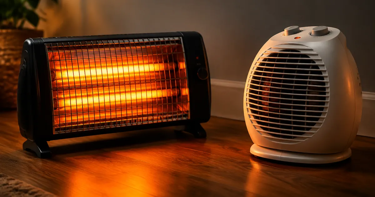 An infrared quartz heater with glowing tubes beside a white ceramic fan heater on a wooden floor