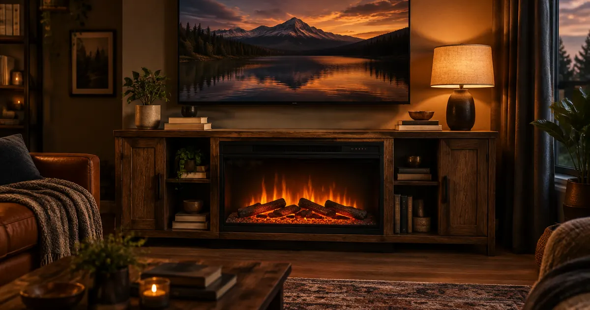 A wood fireplace TV stand with glowing flames beneath a wall-mounted flat screen TV
