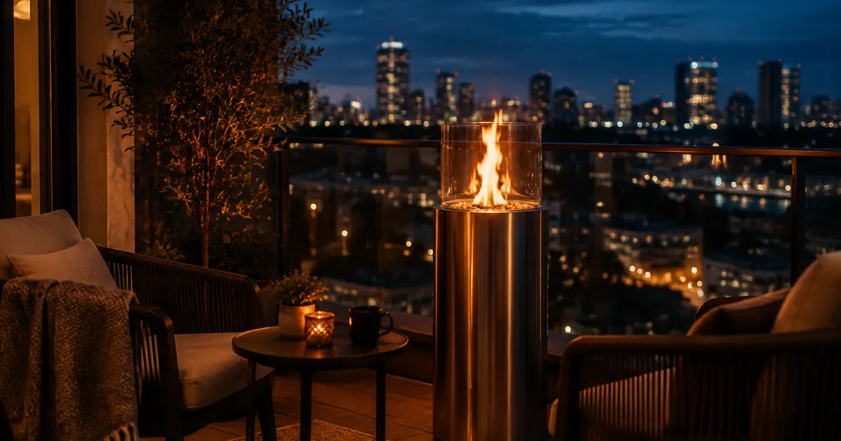 A stainless steel gas fire column glowing on a small apartment balcony at night with city lights behind