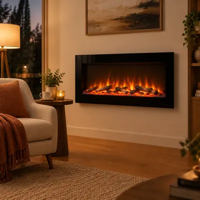Fireplaces category — Electric and gas fireplaces — wall-mounted, inserts, TV stands, and smart models.